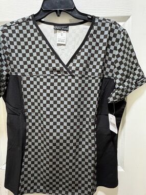 Cherokee Black and Gray Checkerboard V-Neck Scrub Top